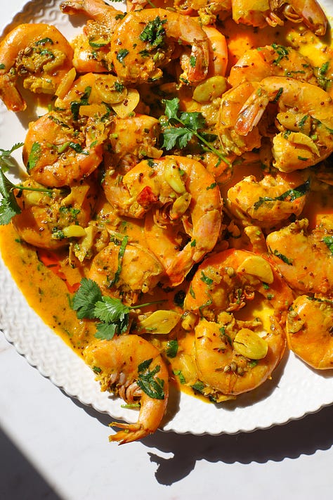 roasted squash; achari shrimp scampi; latke chaat
