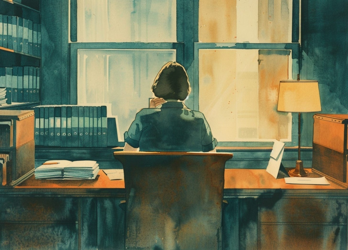 vintage editorial watercolor illustration of a woman at a corporate desk from behind, warm lamp light, stacked folders, sealed envelope on the desk, dim window behind, warm amber and teal tones, cream paper texture