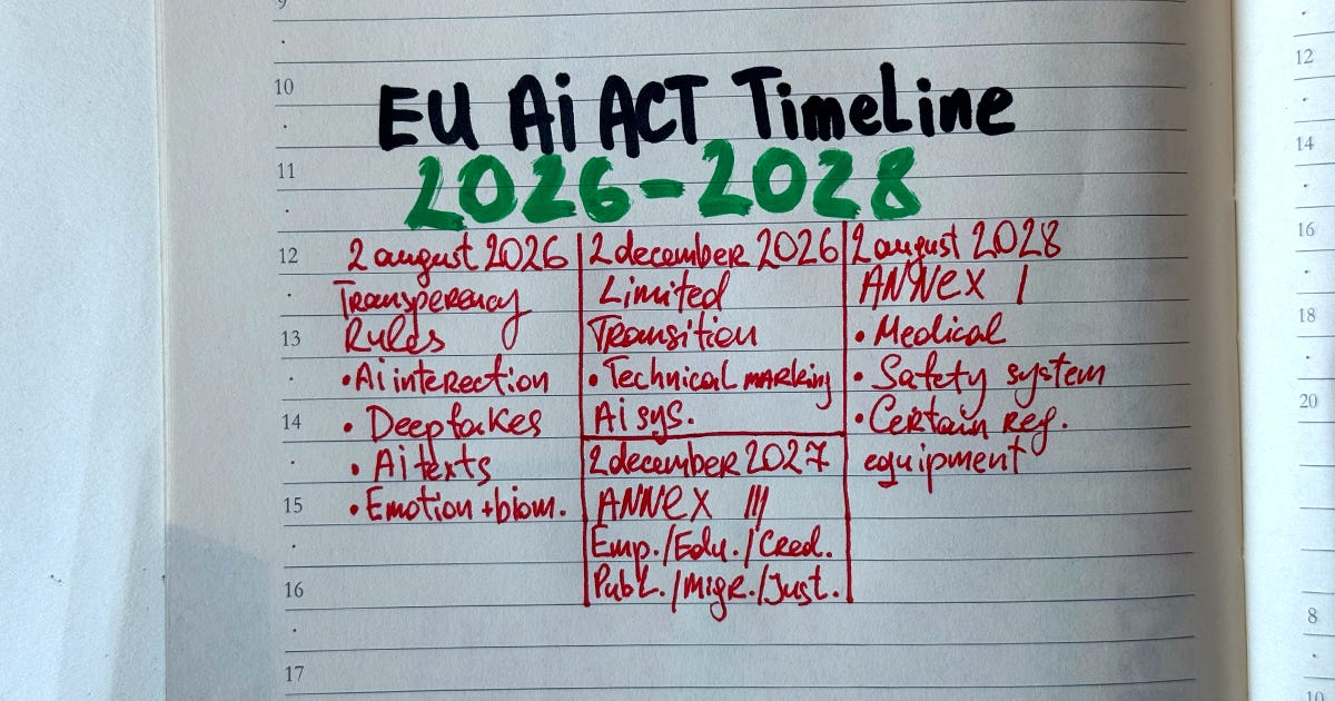 EU AI Act timeline showing the main compliance deadlines from 2 August 2026 to 2 August 2028. EU AI Act timeline showing the main compliance deadlines from 2 August 2026 to 2 August 2028.