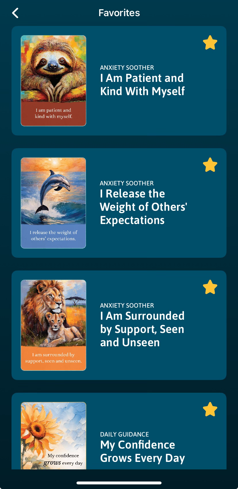 digital card images of sloth, dolphin, lion, and flower with inspirational messages (screenshot from tapping app)  