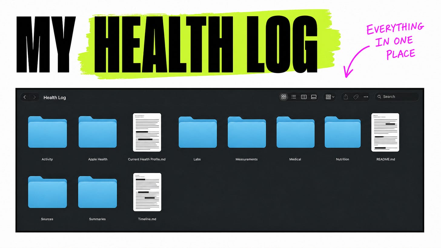 window showing folders and files in a structured AI health log.