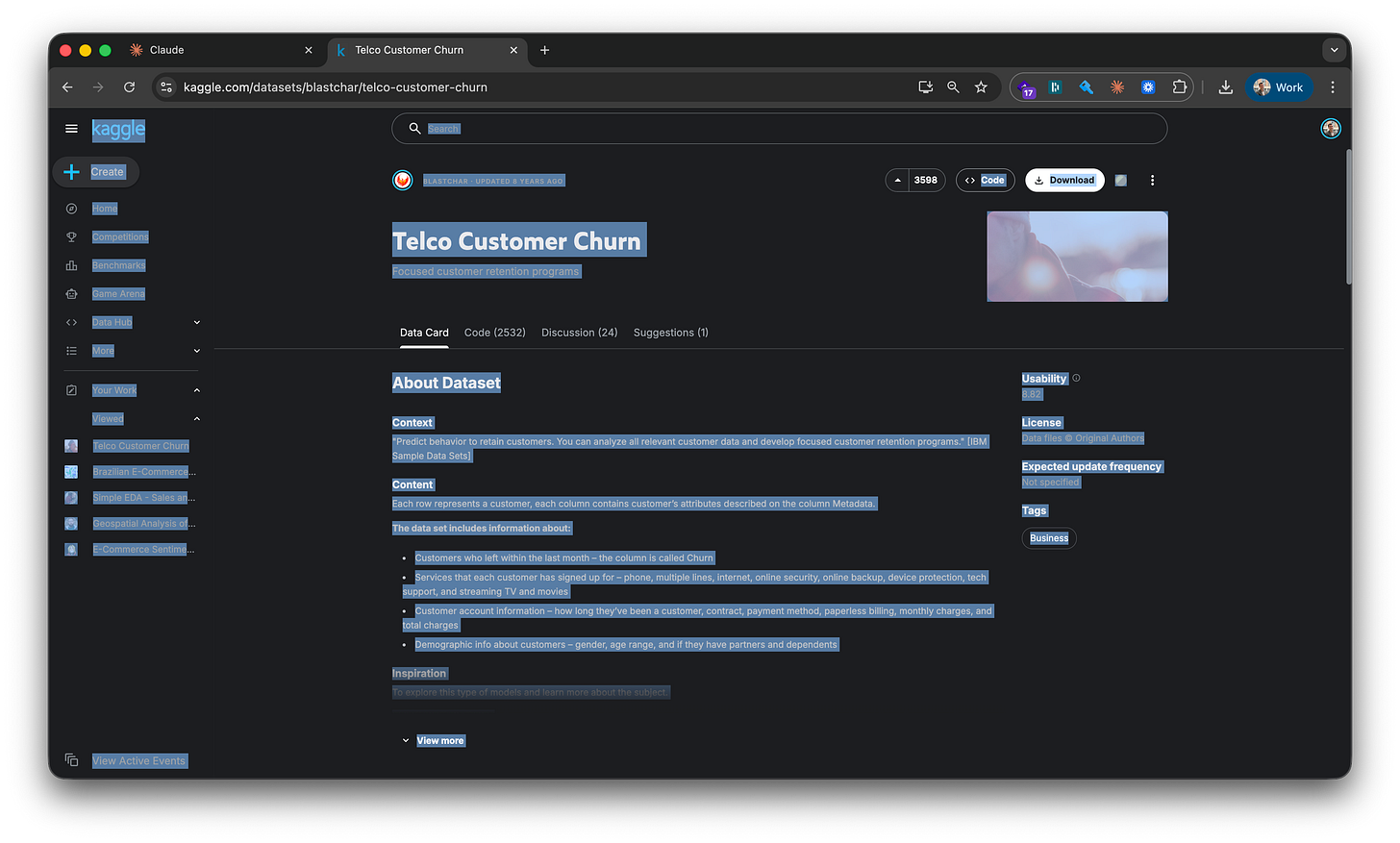 Kaggle dataset page for Telco Customer Churn showing the dataset description, columns metadata including demographics, services, account info, and churn label