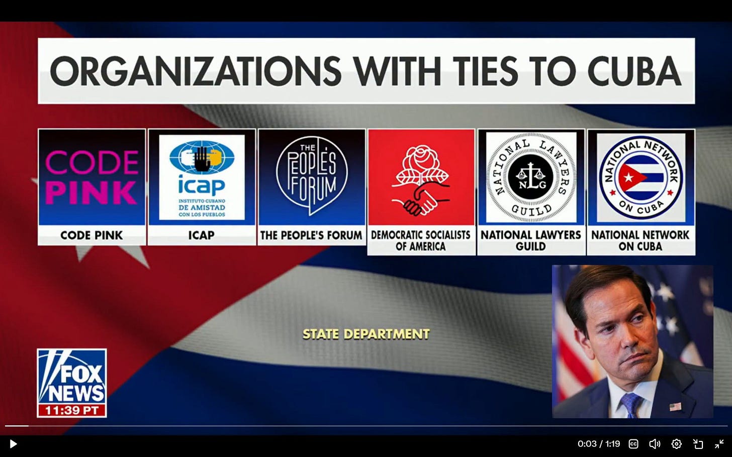 May be a graphic of text that says 'ORGANIZATIONS WITH TIES TO CUBA CODE PINK icap STITUTOCURAND AMISTAD CONSO CON SPUEBLOS CODE PINK EOPES FORUM 金茶 ICAP က CORAA G GUILD เยน THE PEOPLE'S FORUM DEMOCRATIC SOCIALISTS AMERICA SHRONAL NELNN ONCUBA * ON CUBA NATIONAL LAWYERS NATIONAL NETWORK GUILD ON BA STATE DEPARTMENT FOX NEWS 11:39 PT 0:03/1:19 1:19 0:03 ច)' May be a graphic of text that says 'ORGANIZATIONS WITH TIES TO CUBA CODE PINK icap STITUTOCURAND AMISTAD CONSO CON SPUEBLOS CODE PINK EOPES FORUM 金茶 ICAP က CORAA G GUILD เยน THE PEOPLE'S FORUM DEMOCRATIC SOCIALISTS AMERICA SHRONAL NELNN ONCUBA * ON CUBA NATIONAL LAWYERS NATIONAL NETWORK GUILD ON BA STATE DEPARTMENT FOX NEWS 11:39 PT 0:03/1:19 1:19 0:03 ច)'