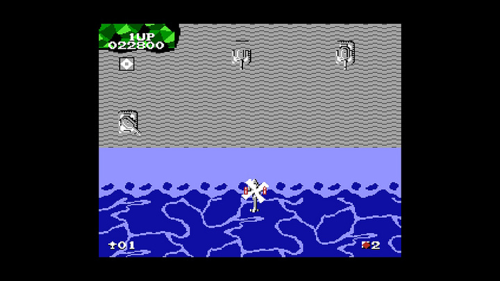A screenshot from the NES edition of Tiger-Heli that shows an almost featureless gray slate with tanks on it.