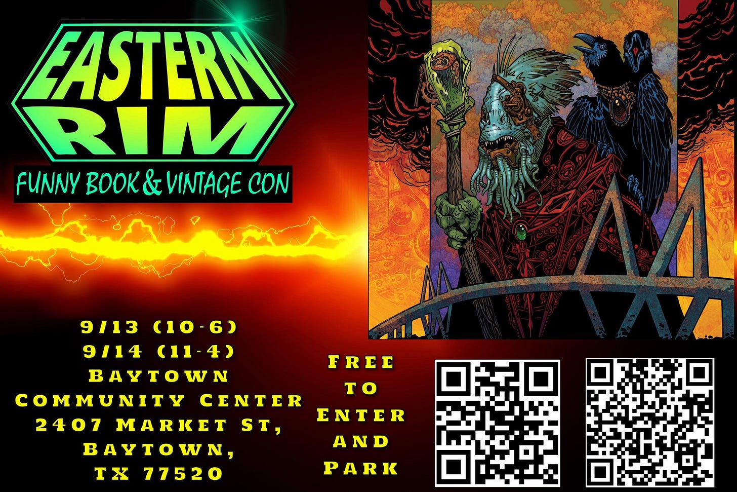 May be a graphic of text that says 'ASTER ERN RIM FUNNY BOK & ΝAςΕ 9/13 (10 6) 9/14 (11-4) 9/14(11-4) 4) BAYTOWN COMMUNITY CENTER 2407 ET ST, BAYTOWN, BAyTO IX 77520 FREE to ENTER AND PARK'
