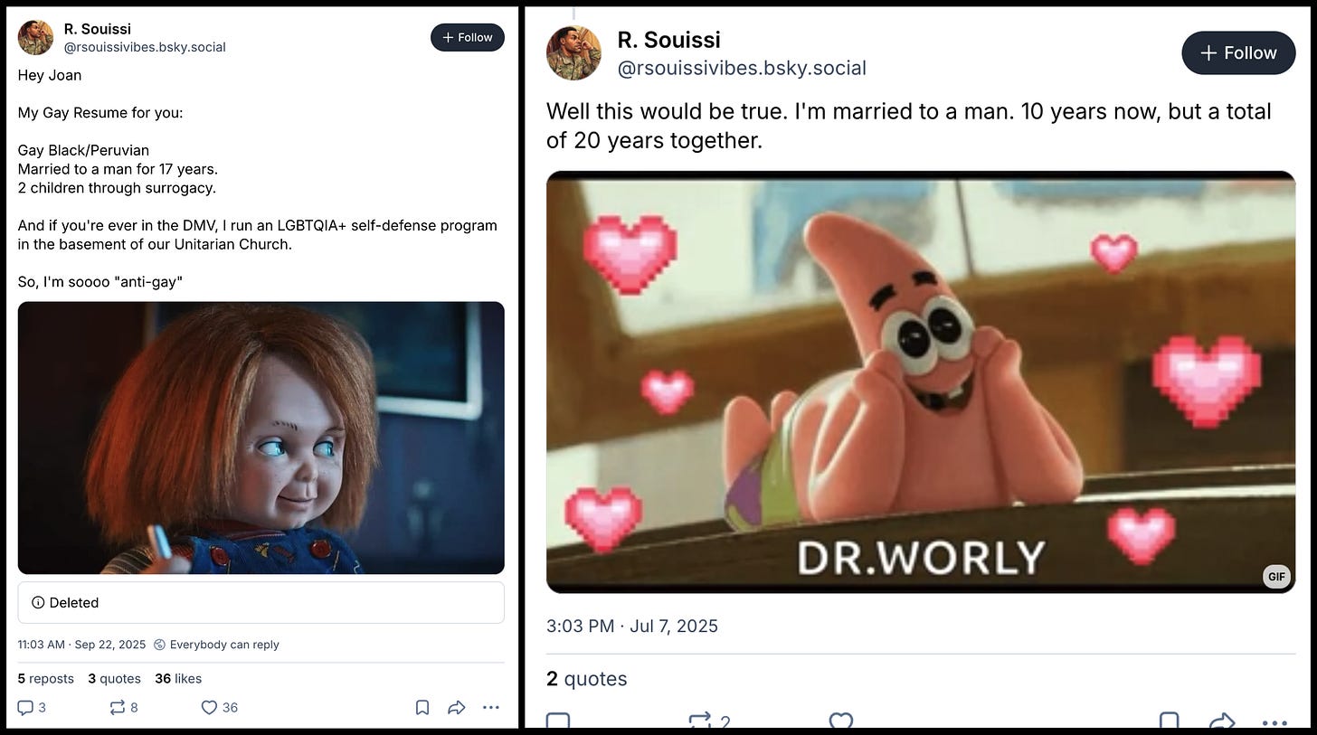 Two posts from @rsouissivibes.bsky.social, one claiming to have been married for 17 years, the other for 10 years. Both posts are from 2025. Two posts from @rsouissivibes.bsky.social, one claiming to have been married for 17 years, the other for 10 years. Both posts are from 2025.