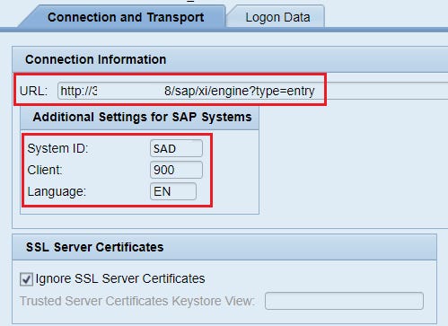 Connection and Transport detail. URL, System ID, Client and Language parameters in the HTTPm destination creation wizard in SAP PI NWA.