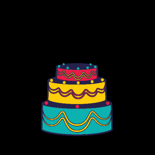 Gif animé d'un gâteau à 3 étages avec une bougie en forme de 5 au sommet.