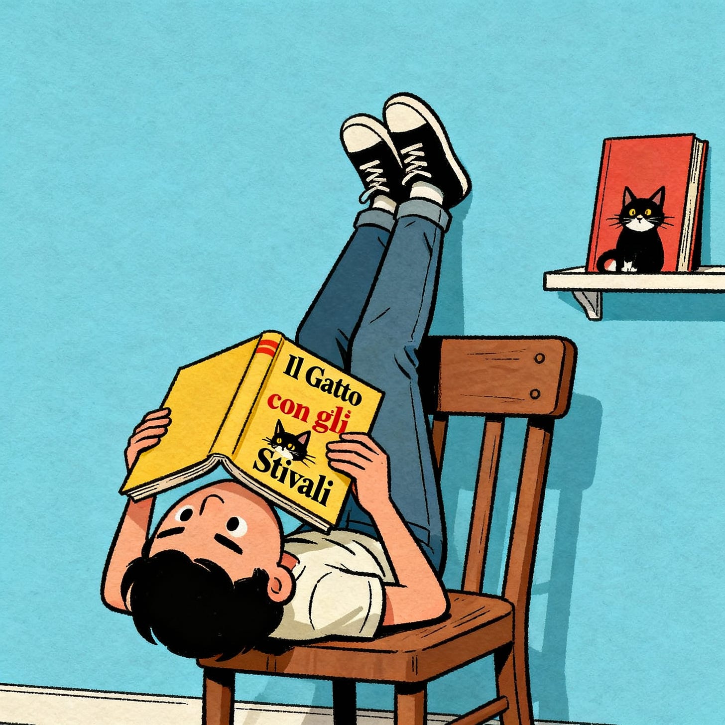 Persona che legge un libro italiano capovolto, volto nascosto dalla copertina, stile fumetto