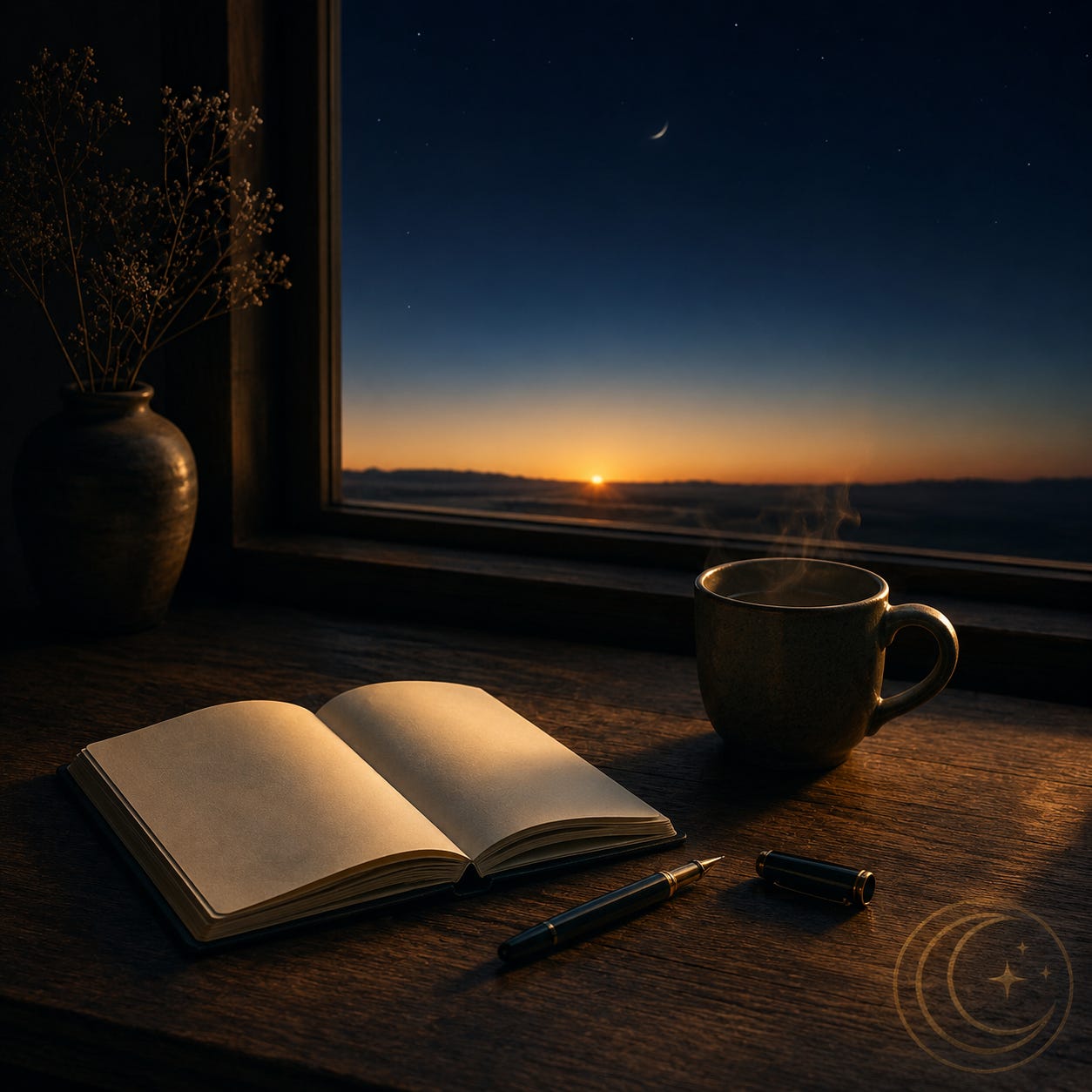 MoonInMental aromatherapy image for the Gemini New Moon week June 2026. A blank open notebook and tea on a desk at dawn under a clearing new-moon sky, representing a clear head and a fresh mental start.