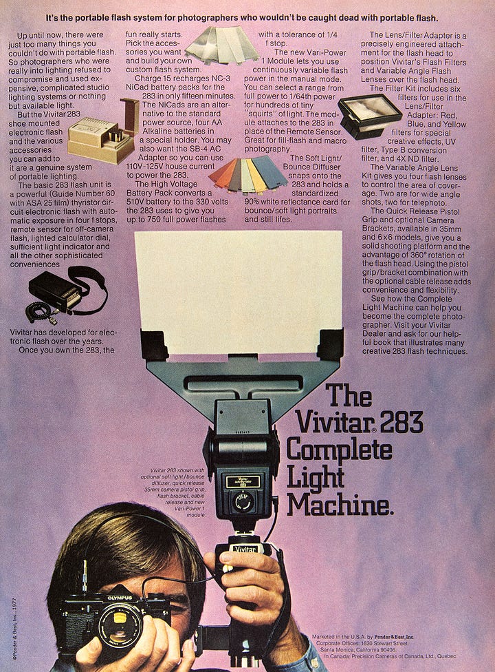 Flash fotográfico Vivitar 283 e acessórios de iluminação