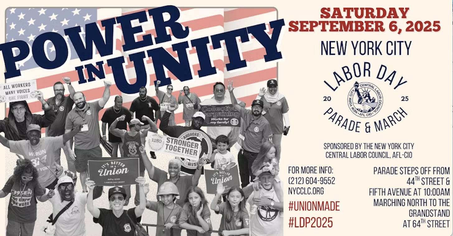 Image of what appears to be a ticket for "Power in Unity" Labor Day Parade and March. People are in front of an American flag background holding Union signs