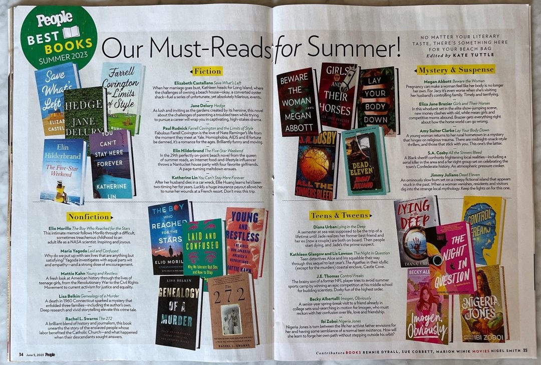 The full spread of "Our Must-Reads for Summer!" in People Magazine, including Lying in the Deep