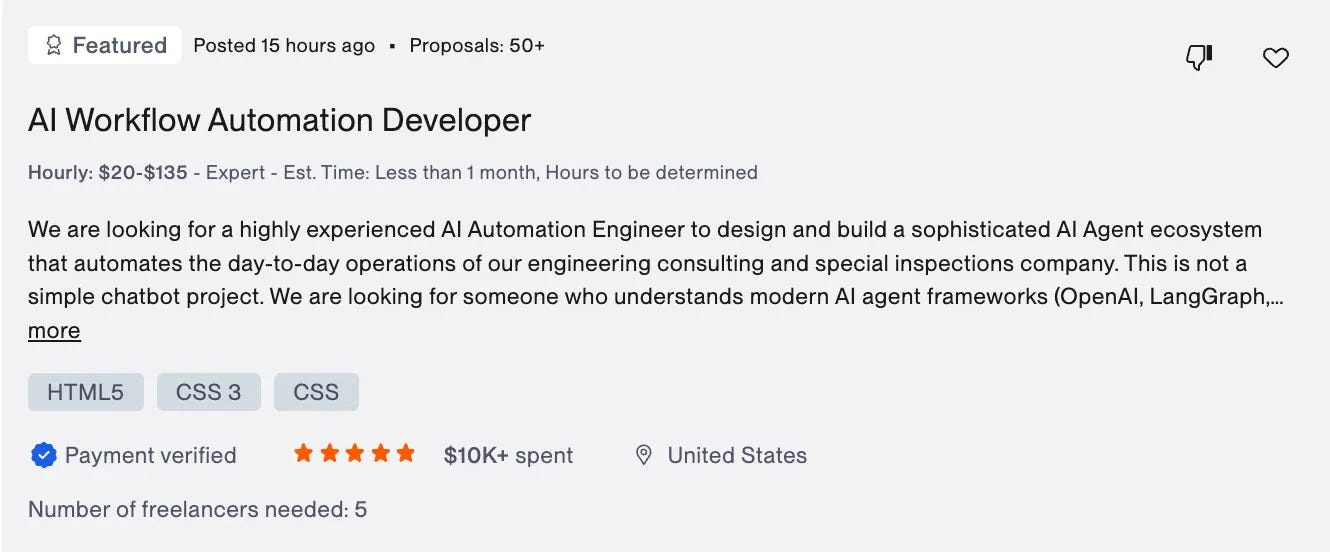 Upwork job posting for an AI Workflow Automation Developer paying $20 to $135 per hour Upwork job posting for an AI Workflow Automation Developer paying $20 to $135 per hour