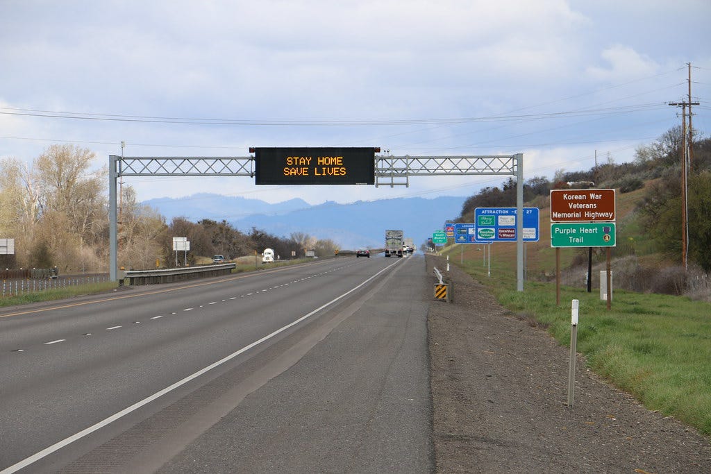 COVID-19 message on I-5 near Medford - April 1, 2020 COVID-19 message on I-5 near Medford - April 1, 2020