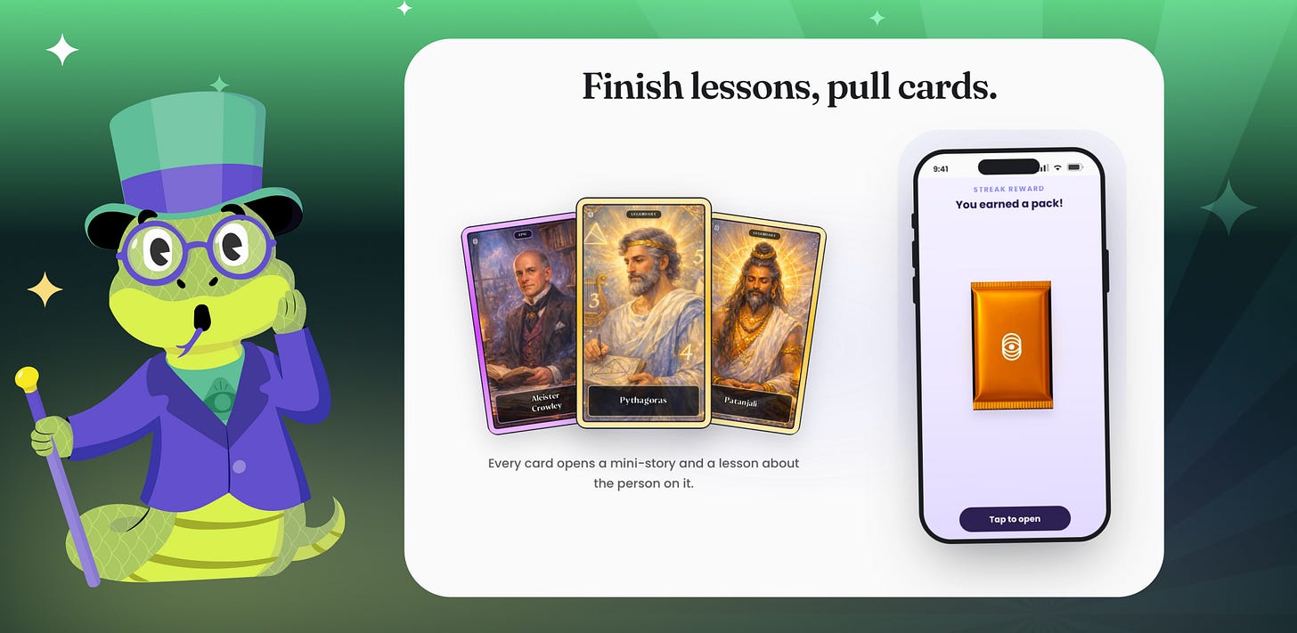 The lizard mascot beside a panel reading Finish lessons, pull cards, showing collectible cards and a card pack in the app.