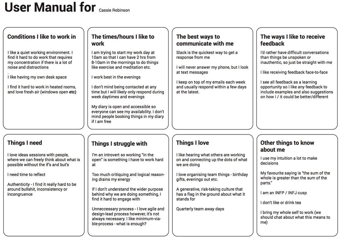 A user manual for me. There are lots of ways to build good⦠| by Cassie Robinson. | Medium A user manual for me. There are lots of ways to build good⦠| by Cassie Robinson. | Medium
