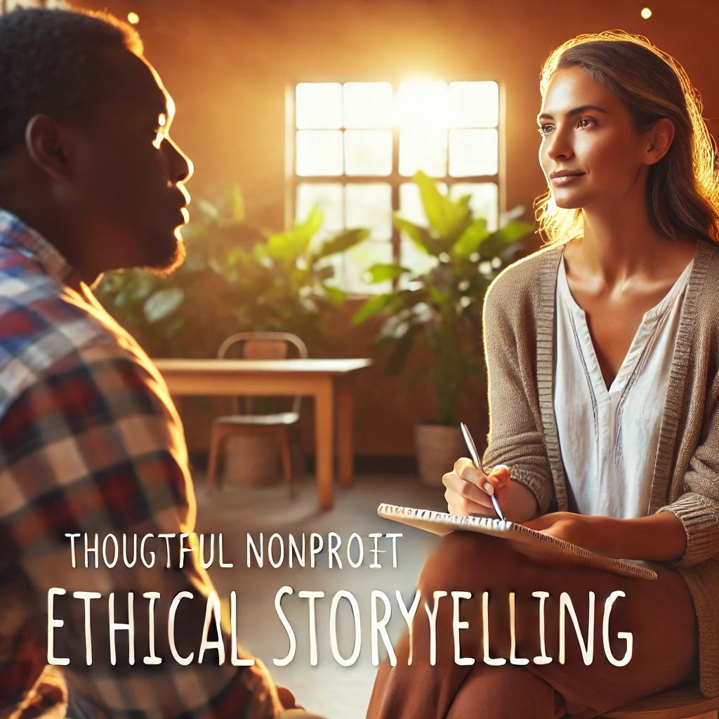 A thoughtful nonprofit storyteller interviewing a community member in an ethical and respectful way. The setting is a warm, inviting community center with natural light, where the storyteller is attentively listening and taking notes. The community member is sharing their story with dignity, looking confident and empowered. The atmosphere is uplifting and authentic, emphasizing ethical storytelling.