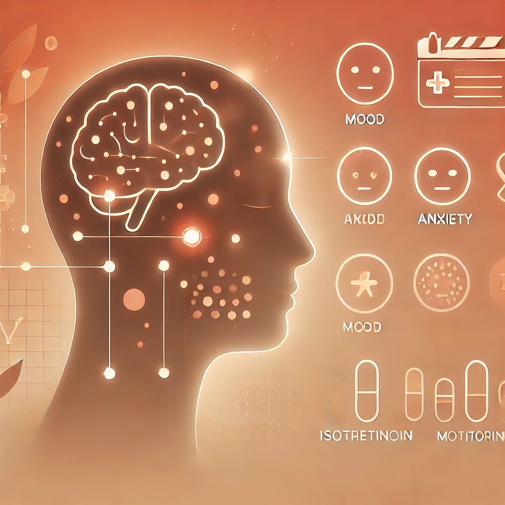 A modern and professional medical illustration representing the mental health monitoring of acne patients undergoing isotretinoin treatment. The scene includes a clean, warm-toned background with soft oranges, pinks, and light neutrals to convey positivity and calm. A simplified human face or silhouette is shown with stylized glowing icons representing mood, anxiety, and mental clarity—such as a glowing brain, mood faces, or neurons. A side view of the face has acne marked lightly and abstract symbols representing medication and monitoring. The design is clean, clear, and approachable, with a focus on safety, support, and innovation. No text or labels are present.