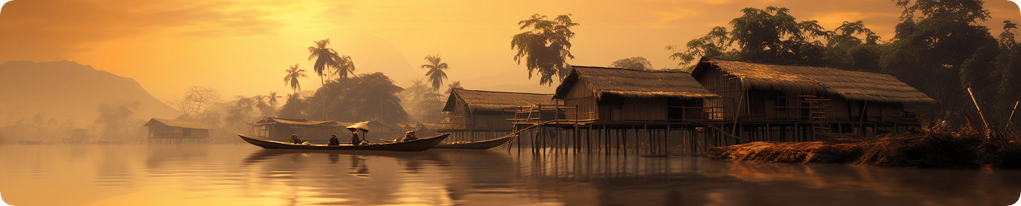 Thai riverside village at sunrise on the Mekong with stilt houses and a boat on calm water.