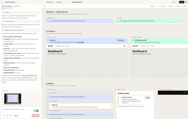 Left, Claude Design's output. Right, what the Altitude banner actually looks like. The component existed in code and in Figma. It generated a lookalike anyway.
