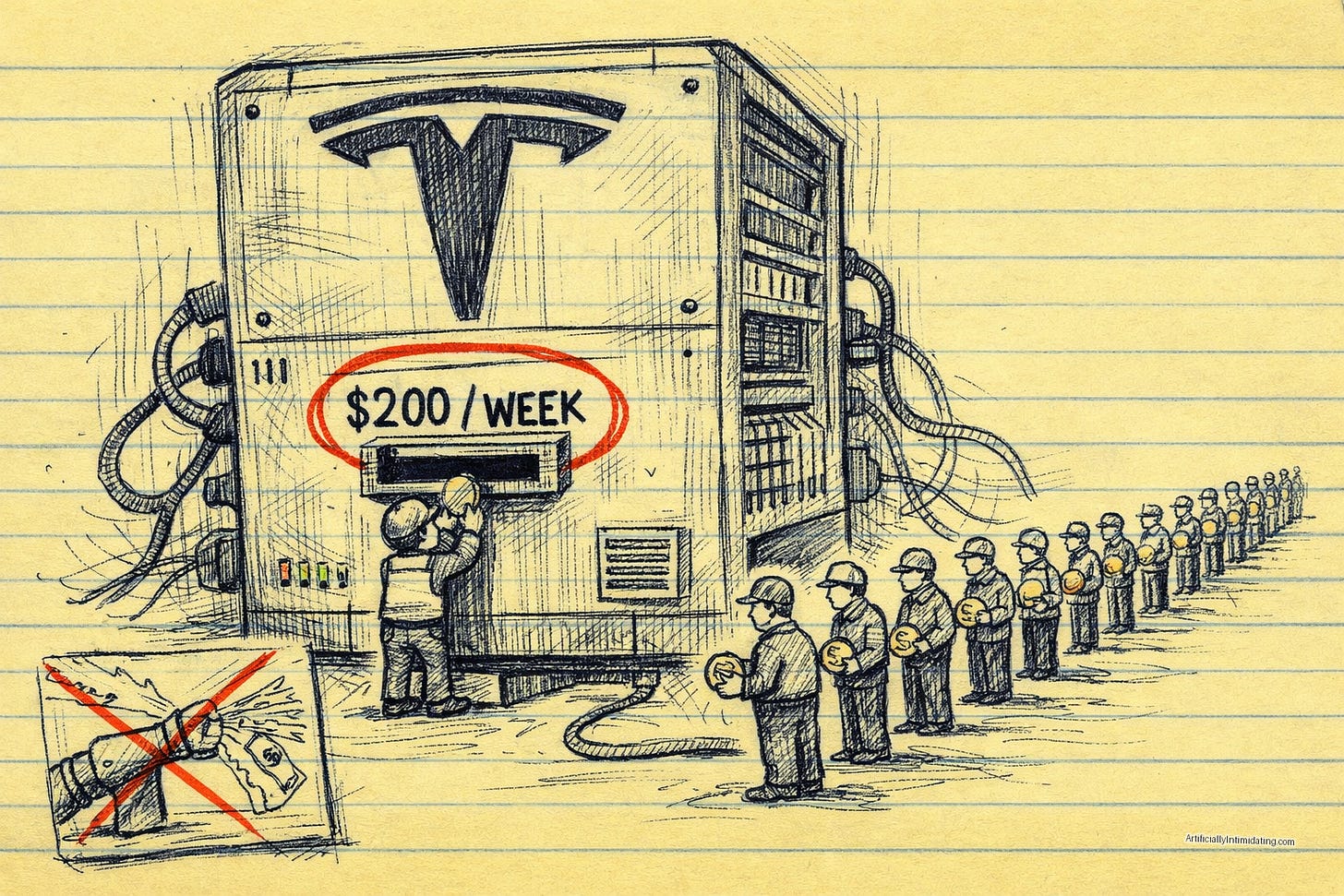 Cartoon: tiny Tesla engineers queue with coins at a giant coin-operated AI supercomputer with a slot labeled $200/week