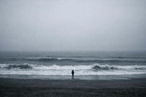 A lone figure standing at the edge of a vast ocean with no landmarks visible, facing uncertainty and vastness