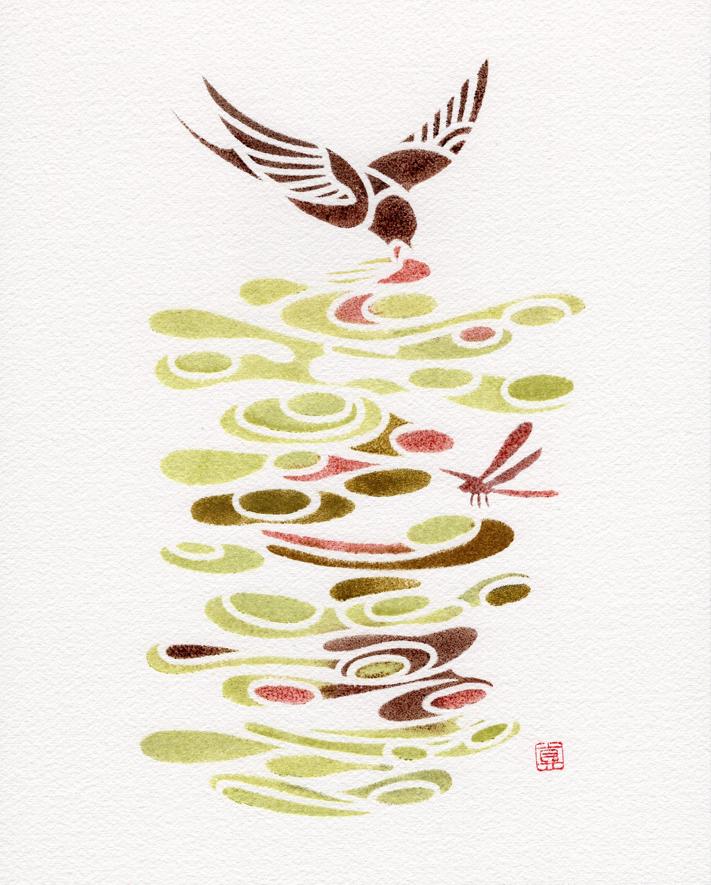 A stencil painting of a swallow swooping over the surface of the water. The pigment used to create this piece was extracted from the following plants: garlic mustard (light yellow), dandelion (dark, warm green), wild madder (pink), red clover (dark brown) and curly dock (reddish dark brown).