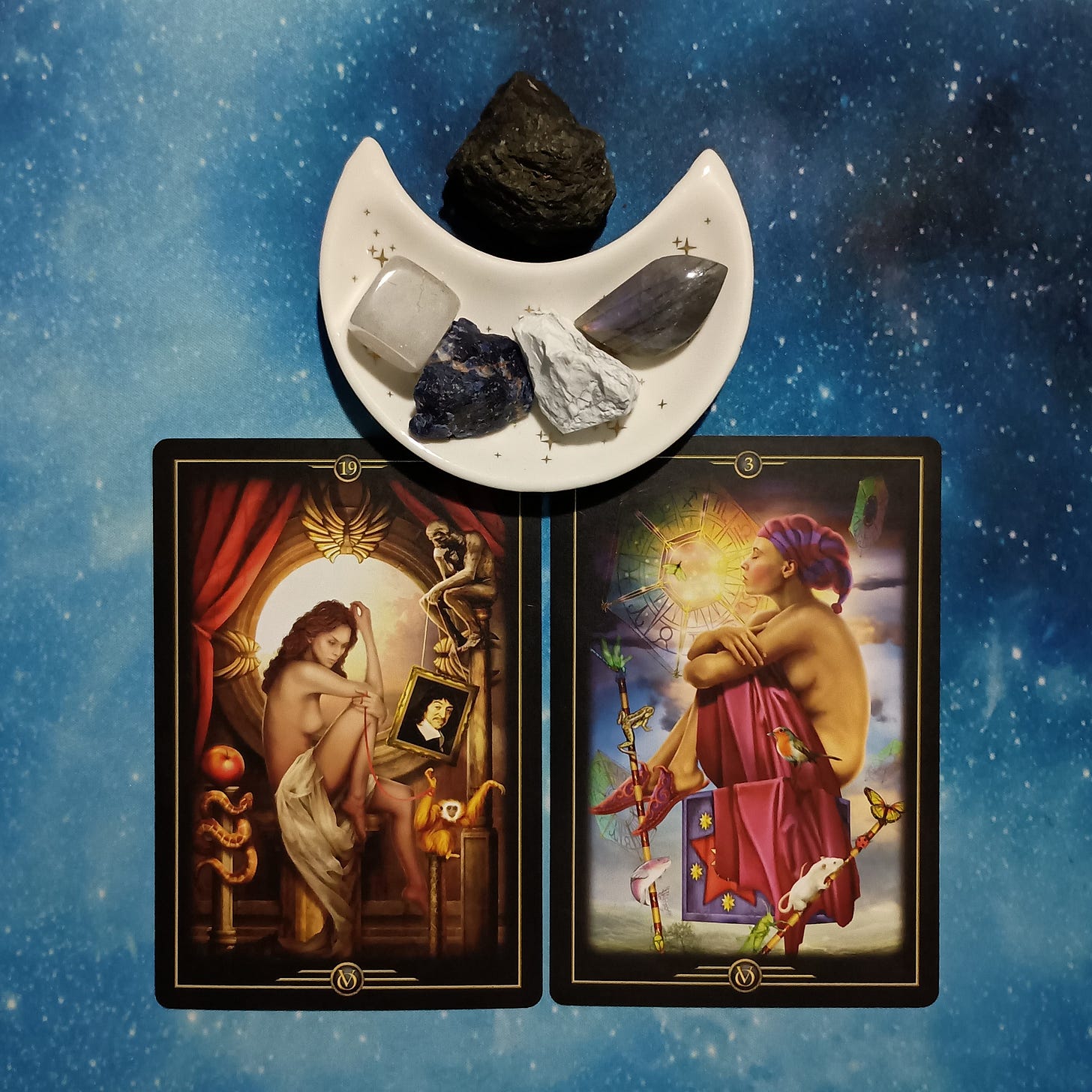 Dreams, Gifts, Signs, & Synchronicities ~ A Message From the Universe, 2 Oracle of Visions cards and crystals on a starry blue background