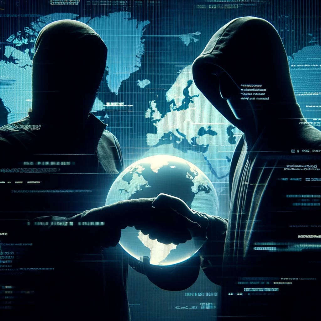 Two shadowy figures shaking hands over a globe, one representing a nation-state actor and the other a cybercriminal. The background should show a digital map with lines of code, indicating a partnership in cyber operations and criminal activities. The figures should look ominous and mysterious.