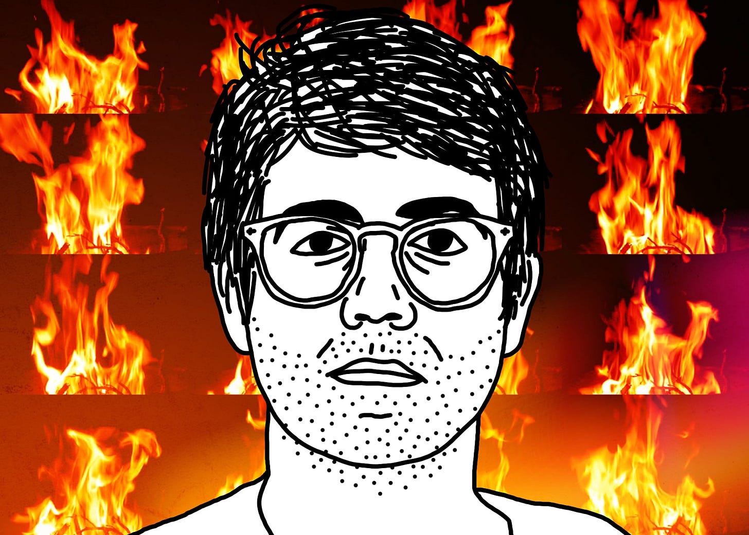 A black line drawing of Alex, the protagonist of "I Hear You Watching." He is white, short messy parted hair, glasses. He stares straight at you, unsmiling. He has a five-o’clock shadow and bags under his eyes. Behind him is a photo grid of campfire flames.