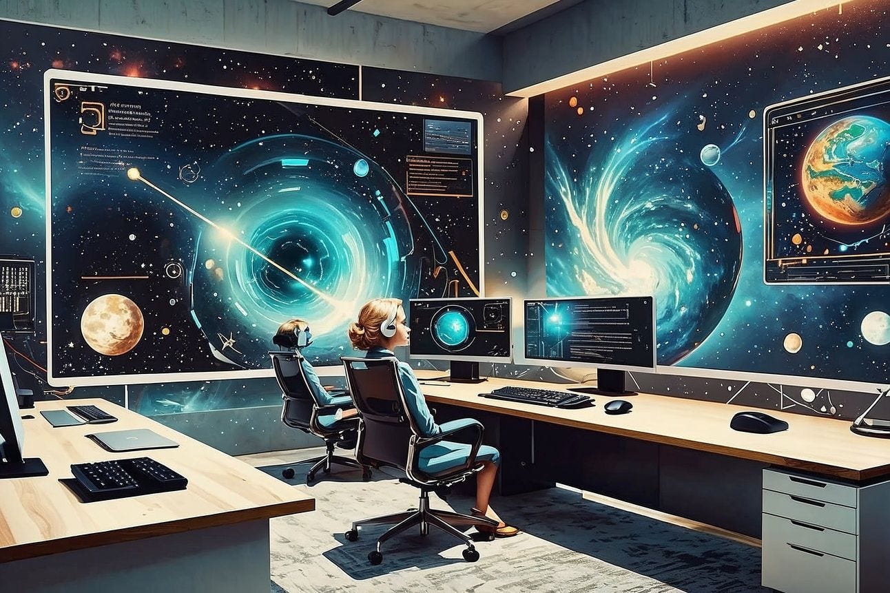 A futuristic office space with two women looking at large screens with galaxies 