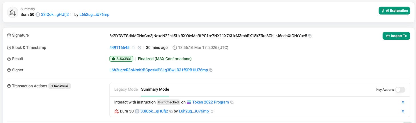 Explorer view of burning tokens with the Permanent Delegate address
