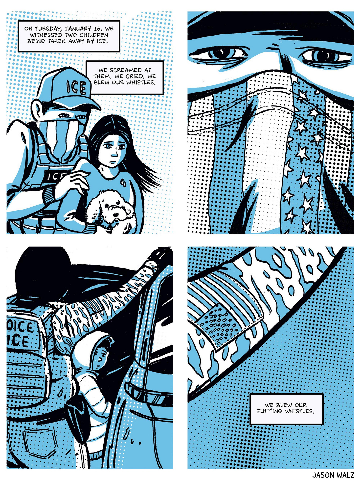 Black and blue digital comic by cartoonist Jason Walz about his experience witnessing I.C.E. taking away two children. Black and blue digital comic by cartoonist Jason Walz about his experience witnessing I.C.E. taking away two children.