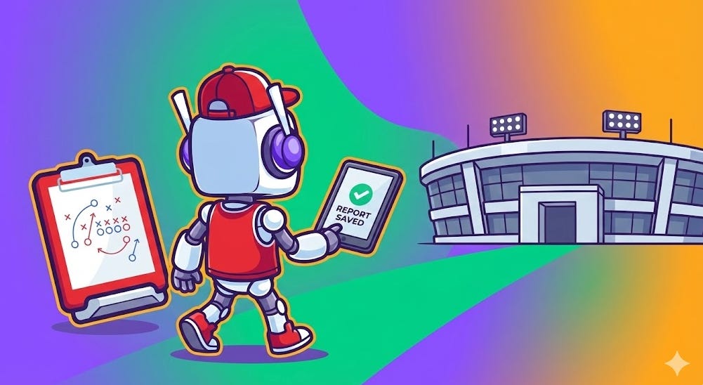 The neuralbuddy robot character, without a mouth and wearing a red cap and basketball jersey, walks away from a scouting clipboard. He holds a tablet displaying "REPORT SAVED" while walking on a path towards a stadium. The background is a purple, green, and orange gradient.