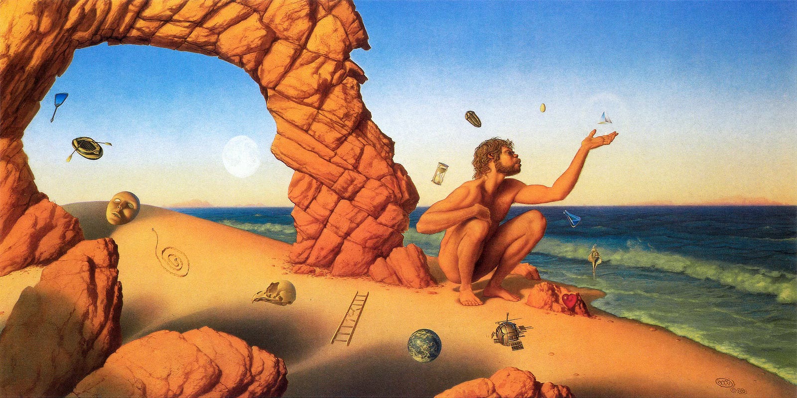 A primitive, bearded man crouches naked on the sand as white cresting waves roll in to gently lap the shore. With palm up, he reaches out toward a triangular glass pyramid surrounded by a hazy ring of light. The prism is one of many objects that swirl in the air to form a Fibonacci curve around him. The symbols include an hourglass, a trilobite fossil, an egg, a glass heart, a broken ladder, and an owl skull. Orange rock forms a natural bridge behind him. Through its arch, the luminous moon hangs low in the sky.