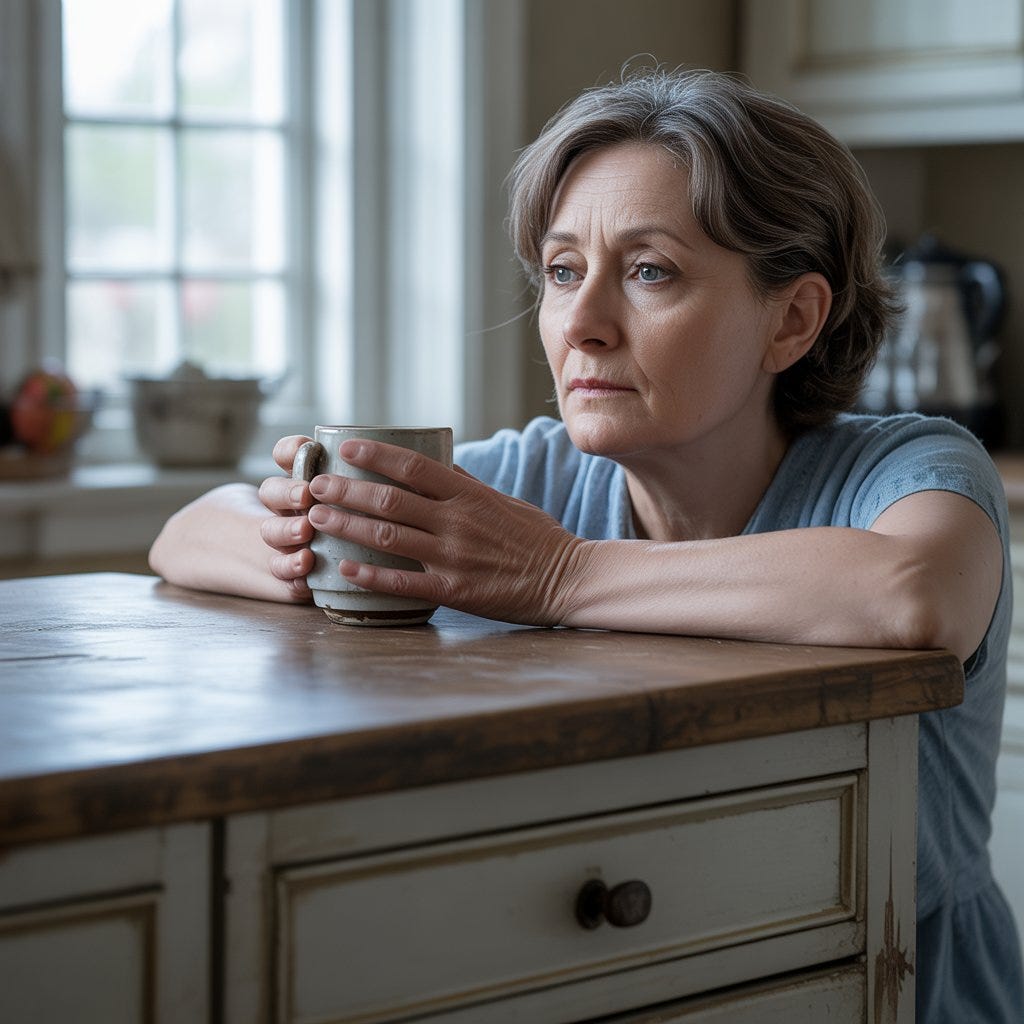 A woman in midlife sits alone at a kitchen table, hands wrapped around a cup, gazing into the distance. A closed drawer sits in the foreground. The atmosphere is quiet and weighted — an image representing decades of self-silencing and people pleasing and their toll on women's health. A woman in midlife sits alone at a kitchen table, hands wrapped around a cup, gazing into the distance. A closed drawer sits in the foreground. The atmosphere is quiet and weighted — an image representing decades of self-silencing and people pleasing and their toll on women's health.