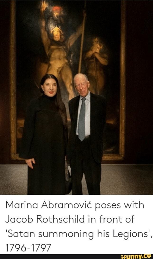 Marina Abramovic poses with Jacob Rothschild in front of 'Satan summoning his Legions', 1796-1797
