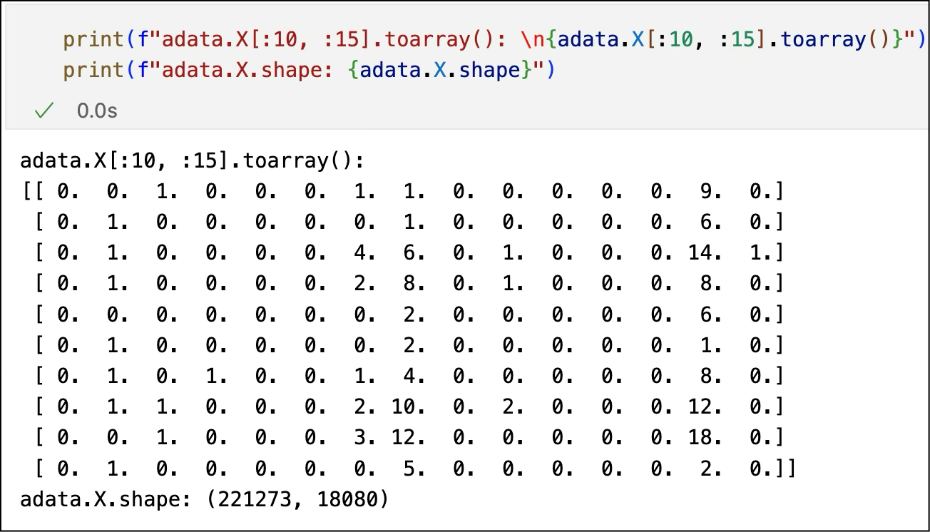 Sparse gene-expression matrix screenshot showing rows as single cells and columns as genes from Virtual Cell Challenge training data Sparse gene-expression matrix screenshot showing rows as single cells and columns as genes from Virtual Cell Challenge training data