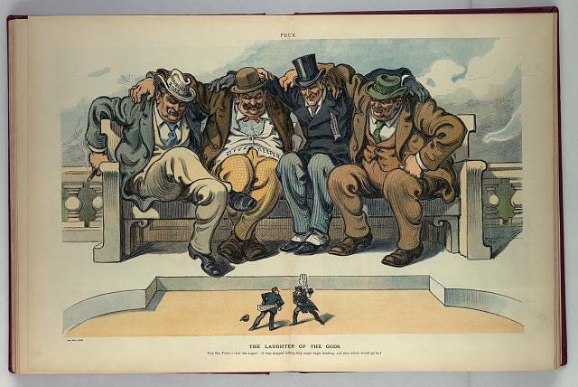 1909 cartoon Illustration shows two diminutive figures labeled "Democratic Principles" and "Republican Principles" arguing between themselves; in the background are four large men, "the Gods", labeled "Democratic Boss, Privileged Interests, Dive Keeper, [and] Republican Boss" sitting on a bench, amused by the two small figures in the foreground.