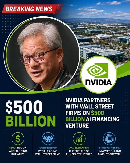 Возможно, это изображение текст "BREAKING NEWS nVIDIA $500 BILLION NVIDIA PARTNERS WITH WALL STREET FIRMS ON $500 BILLION AI FINANCING VENTURE ကာ $ $500BILLION $500 BILLION AI FINANCING INITIATIVE PAR TNERSHIP WITH LEADING WALL STREET FIRMS ACCELERATING THE FUTURE OF A NFRASTRUCTURE STRENGTHENING INNOVATION AND MARKET GROWTH"