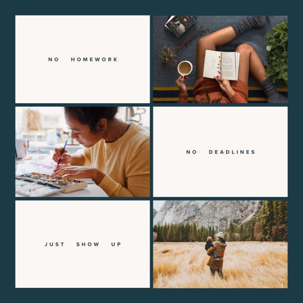 no homework, no deadlines, just show up. cozy eading, crafts and hiking with kids