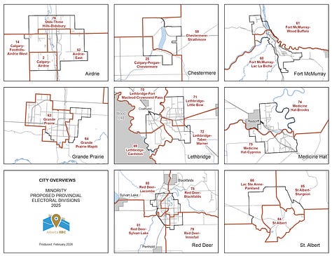 Calgary, Edmonton and smaller city maps supported by the minority of the Electoral Boundaries Commission.