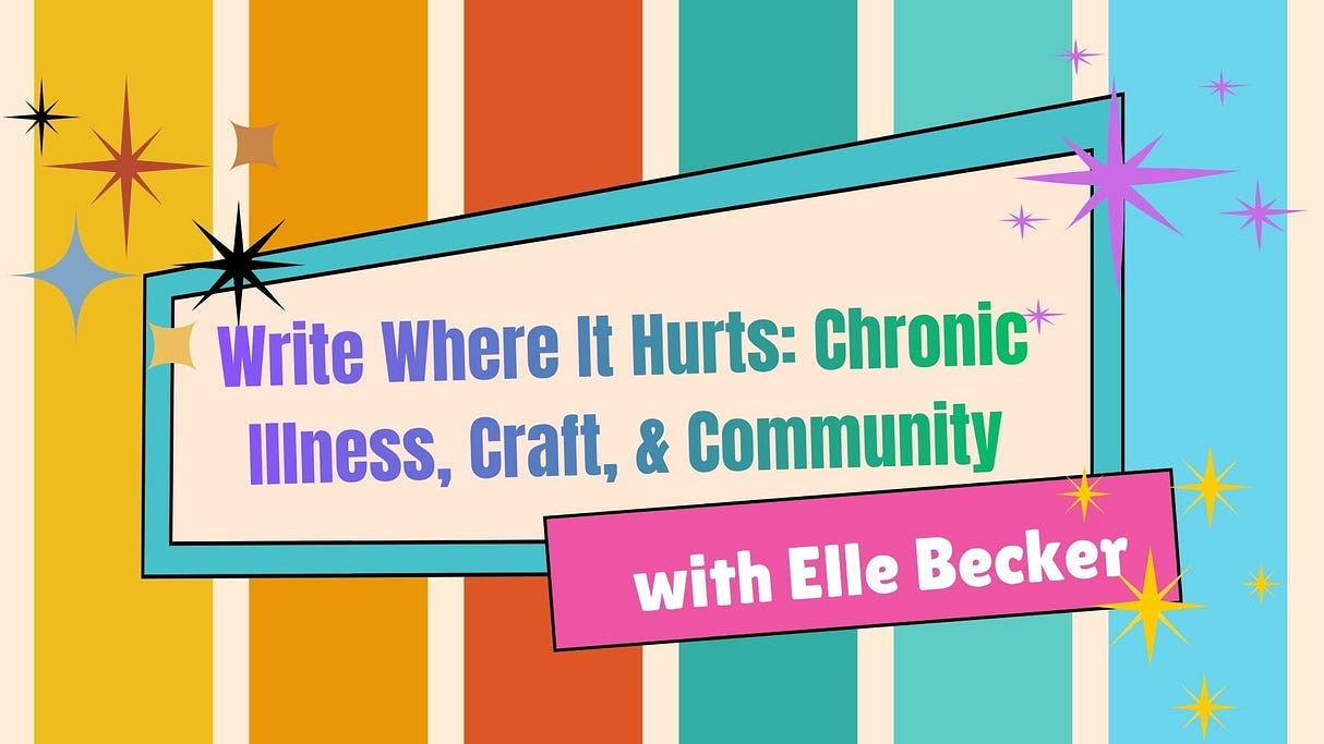 Write Where It Hurts: Chronic Illness, Craft, and Community with Elle Becker. On a retro background. 