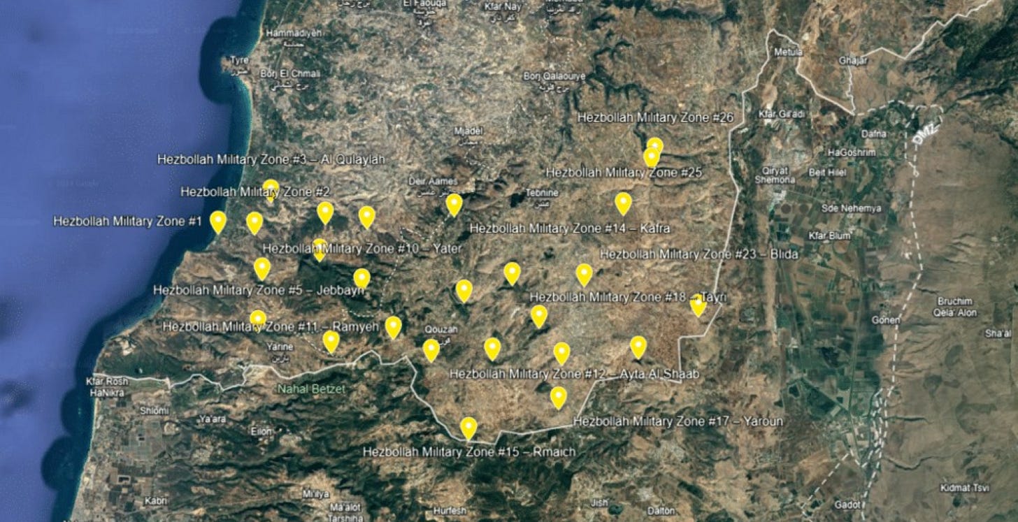 Map of northern Israel & southern Lebanon showing Hezbollah military sites outside of villages