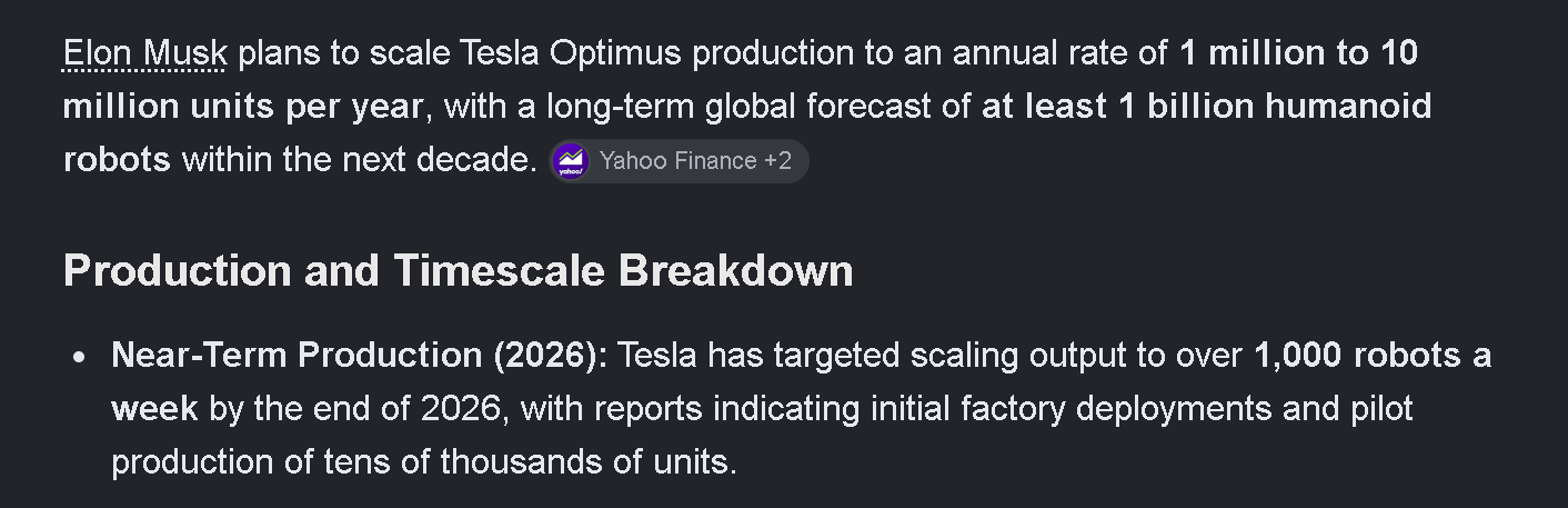Text about Tesla Optimus production scaling to millions of units annually.