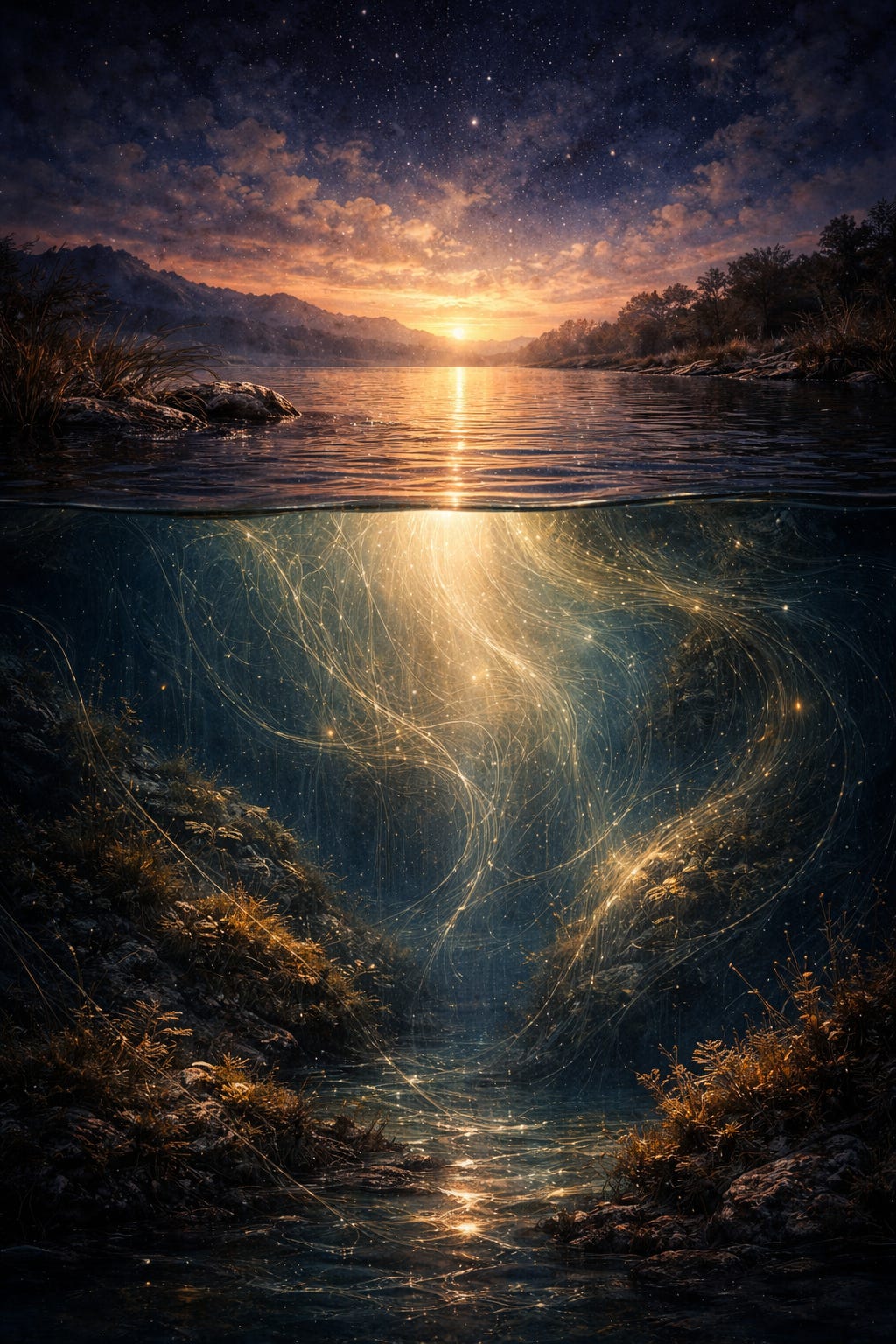 Above-and-below-water artwork showing a calm river or lake at sunset on the surface, with a deeper hidden undercurrent of luminous flowing threads beneath, suggesting that the visible organisation of experience rests upon a deeper, largely unseen field.