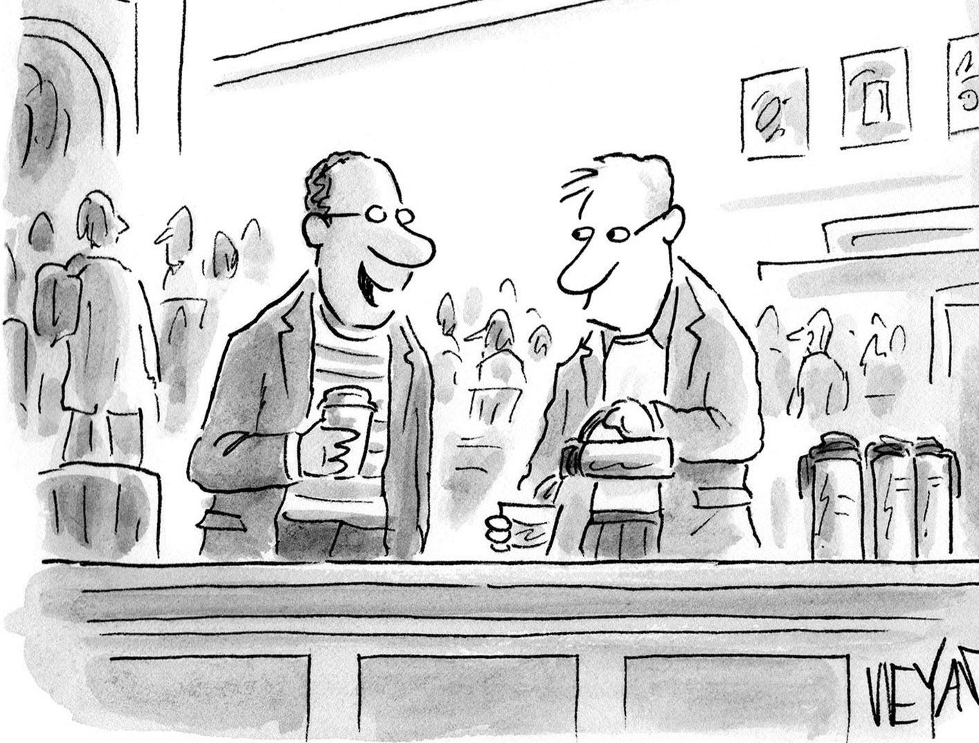 Two people talk while pouring themselves coffee at a coffee bar.