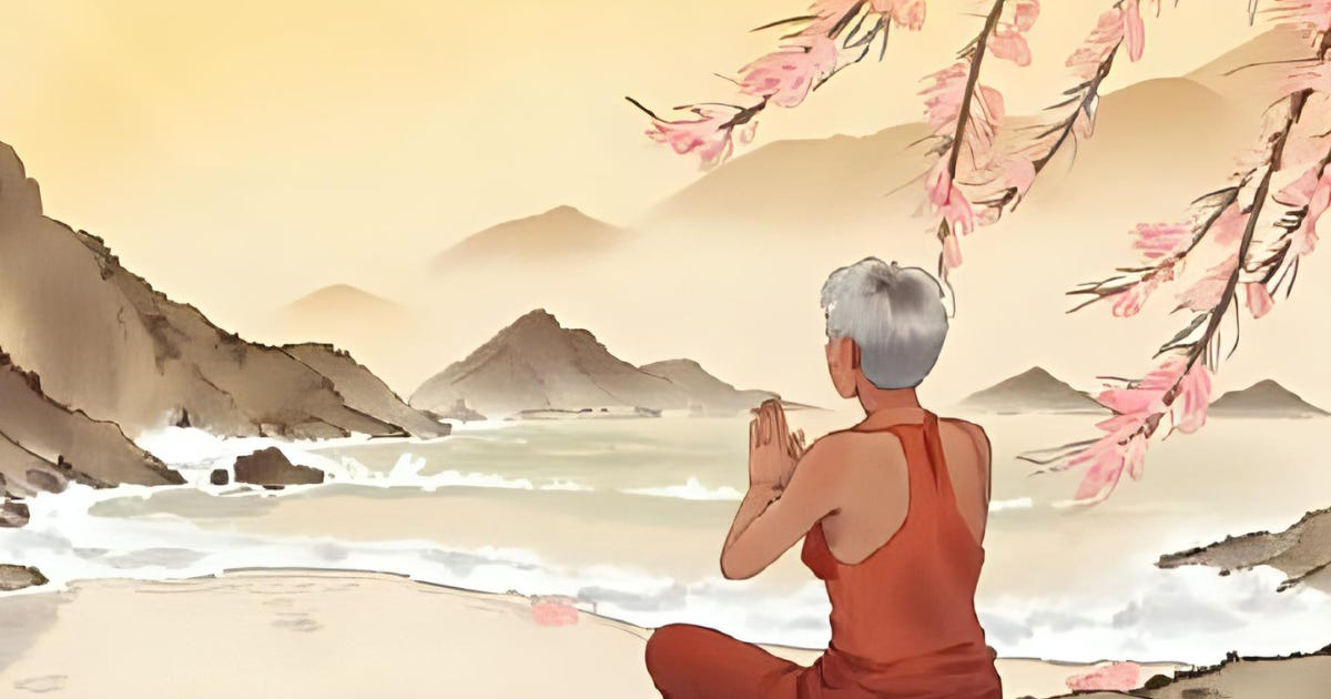 An older person with short gray hair and a red sleeveless robe sits cross-legged on a serene beach at sunrise, hands in prayer pose. Pink cherry blossoms frame the scene above. Misty mountains and a calm sea stretch across the background in soft, watercolor tones.