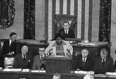Alistair Cooke (seated left) prepares to address the United States Congress, 1974.